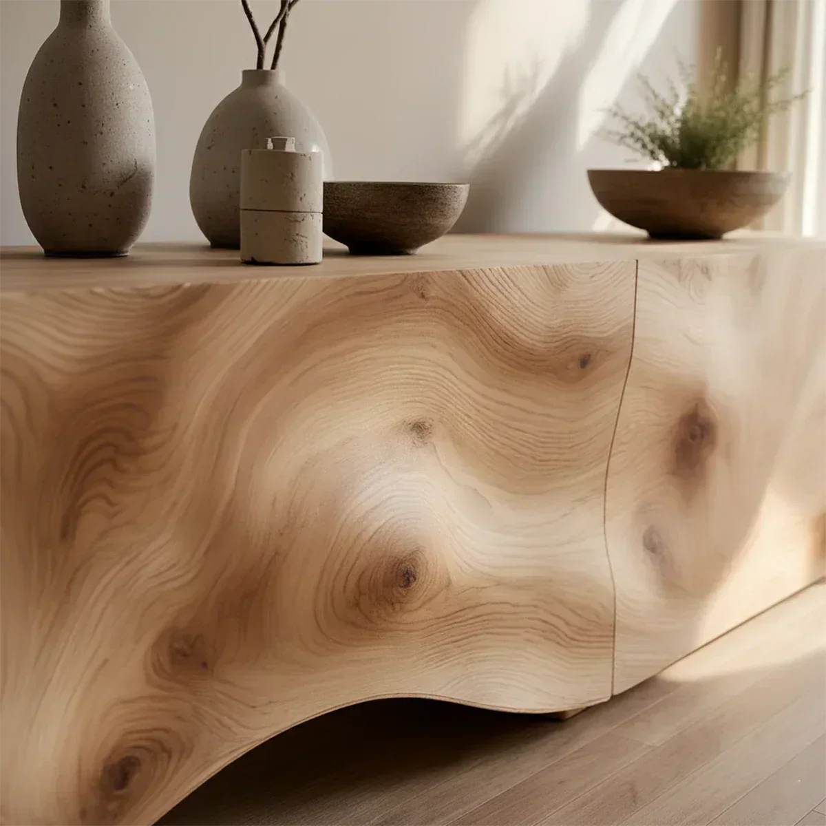 Light Burl Wave Solid Wood TV Console – Minimal Organic Design - Rustiracraft