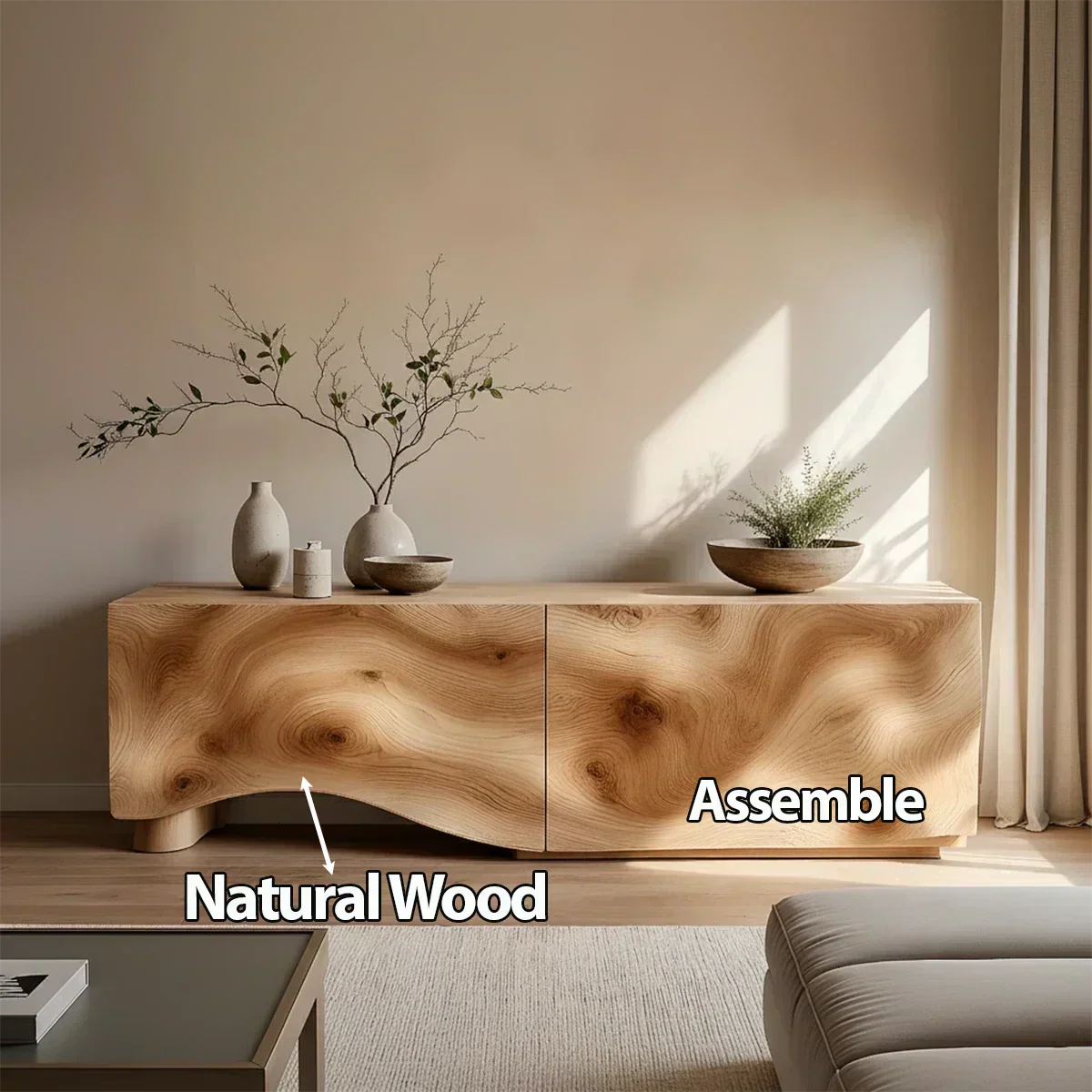 Light Burl Wave Solid Wood TV Console – Minimal Organic Design - Rustiracraft
