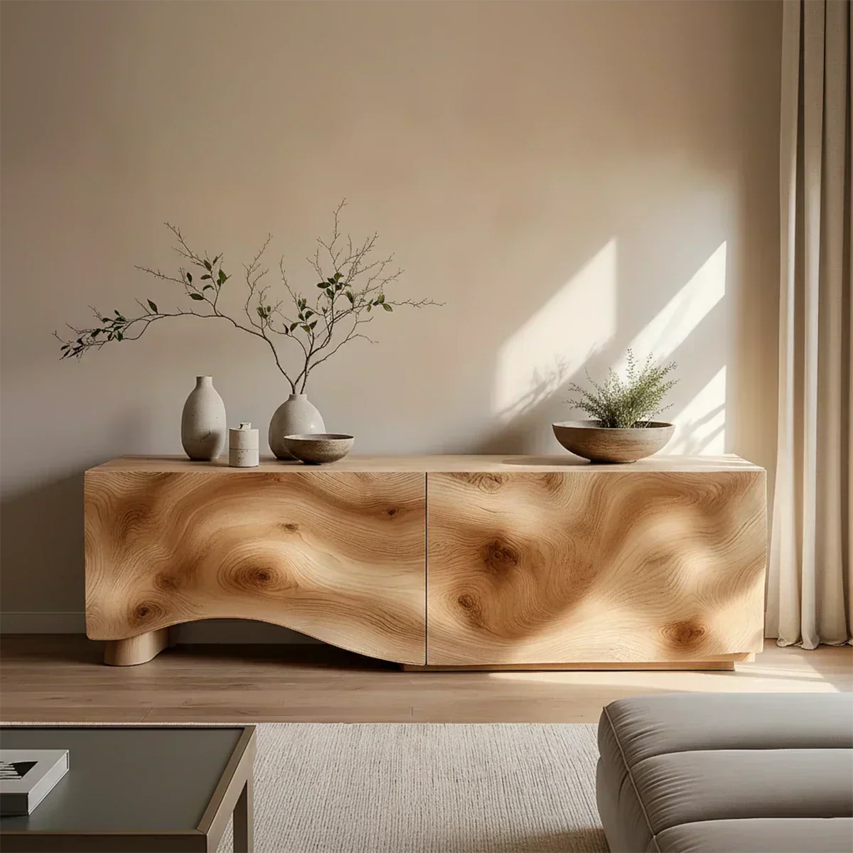 Light Burl Wave Solid Wood TV Console – Minimal Organic Design - Rustiracraft