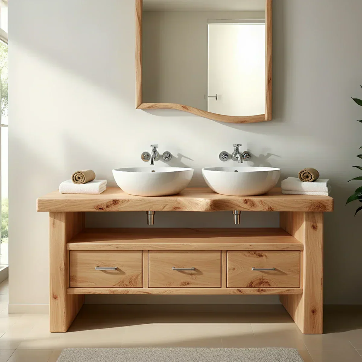 Live Edge Double Sink Solid Wood Vanity – Japandi Rustic Design - Rustiracraft
