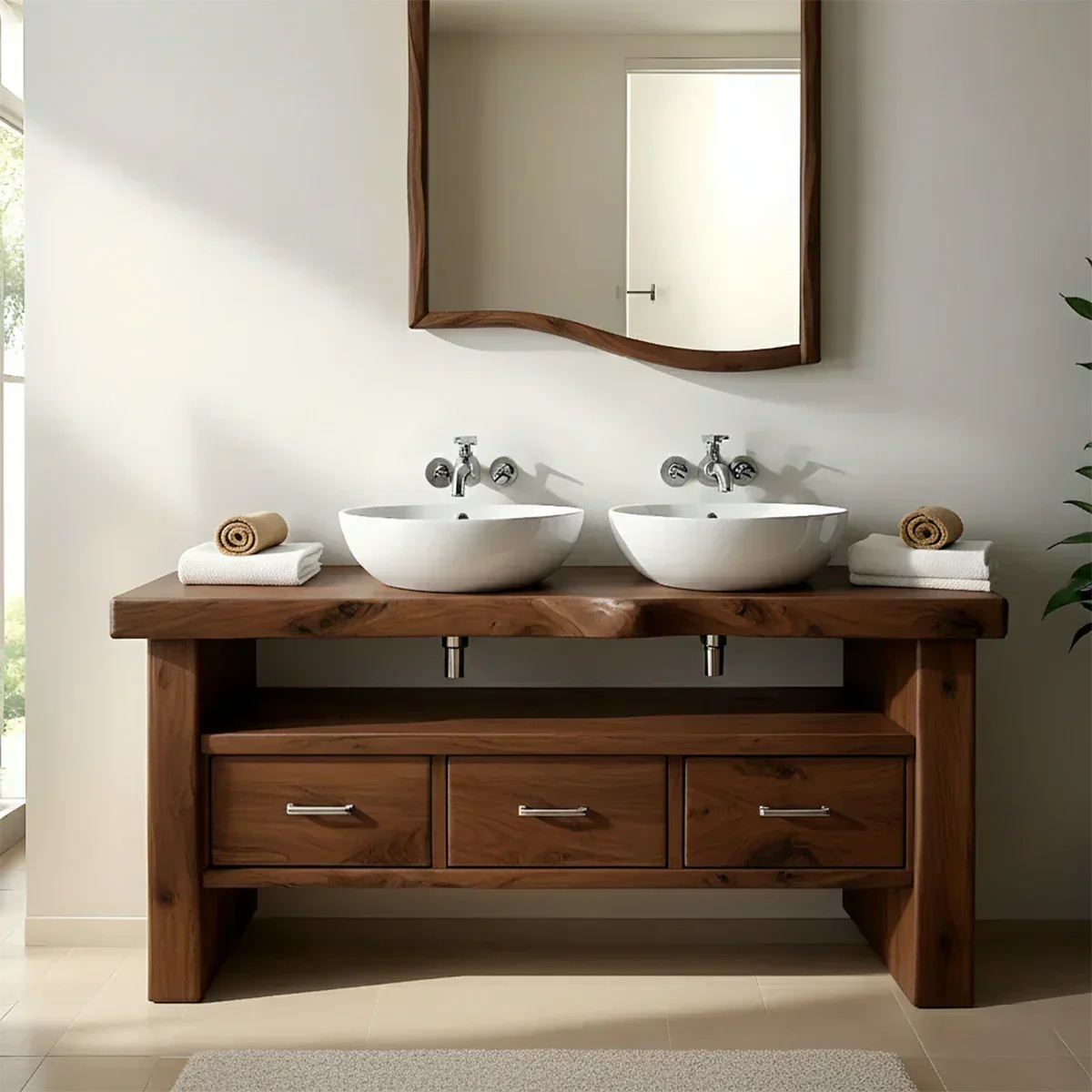Live Edge Double Sink Solid Wood Vanity – Japandi Rustic Design - Rustiracraft