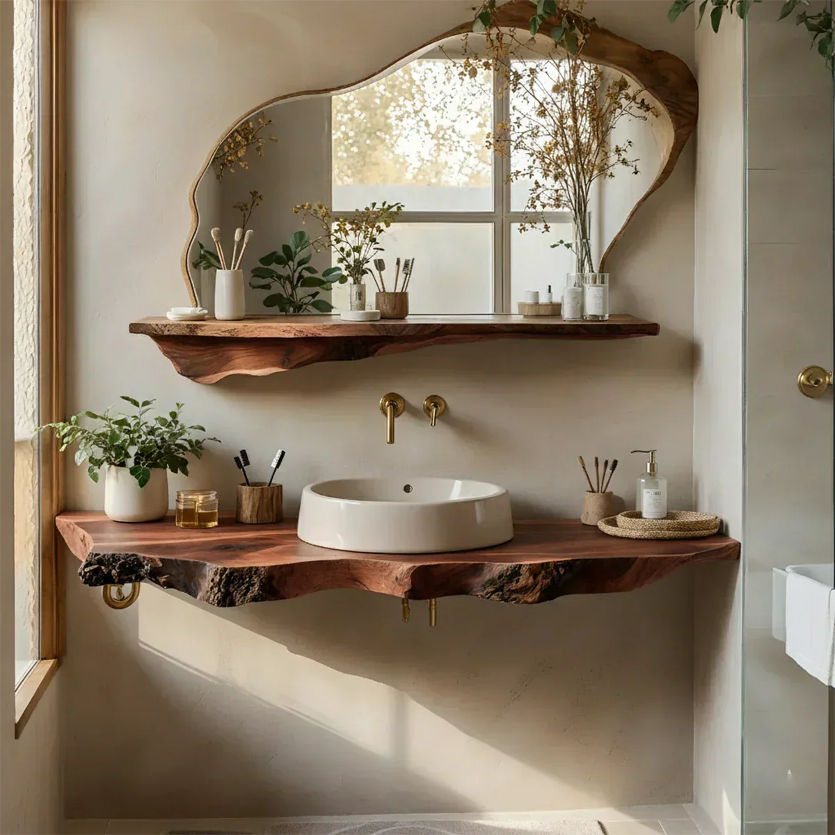 Live Edge Floating Wood Bathroom Vanity with Mirror Shelf - Rustiracraft