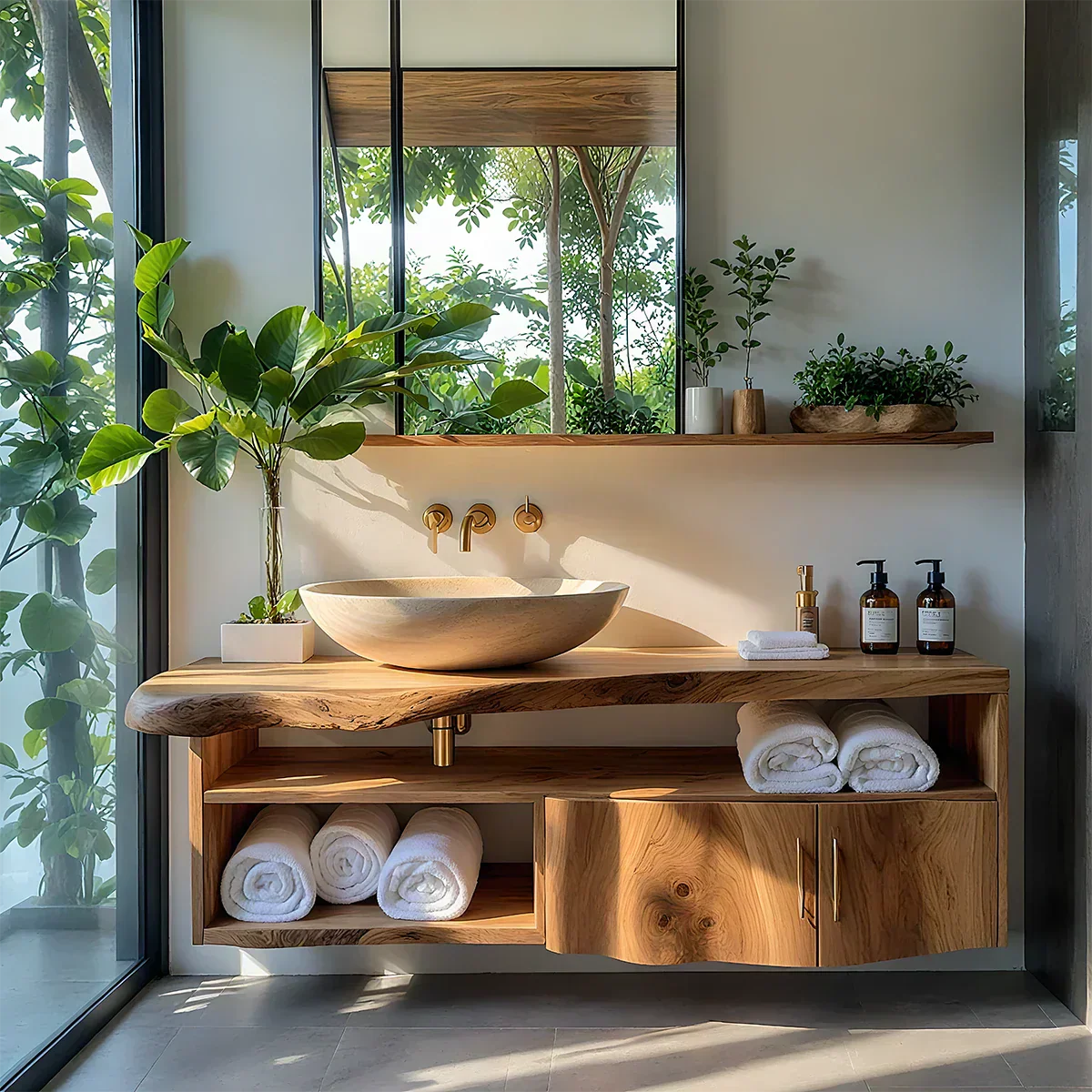 Live Edge Floating Wood Vanity – Asymmetrical Japandi Spa Sink Console - Rustiracraft