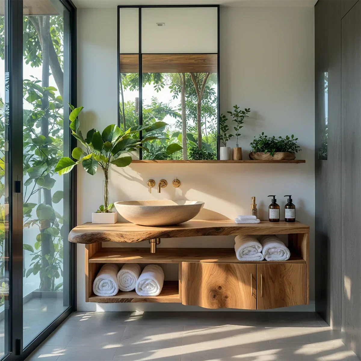 Live Edge Floating Wood Vanity – Asymmetrical Japandi Spa Sink Console - Rustiracraft