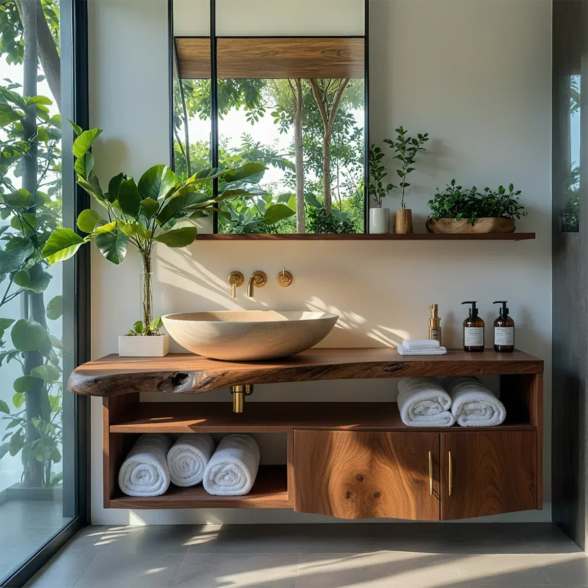 Live Edge Floating Wood Vanity – Asymmetrical Japandi Spa Sink Console - Rustiracraft