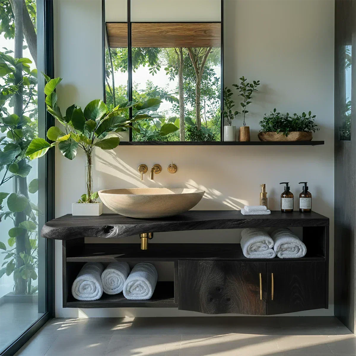 Live Edge Floating Wood Vanity – Asymmetrical Japandi Spa Sink Console - Rustiracraft
