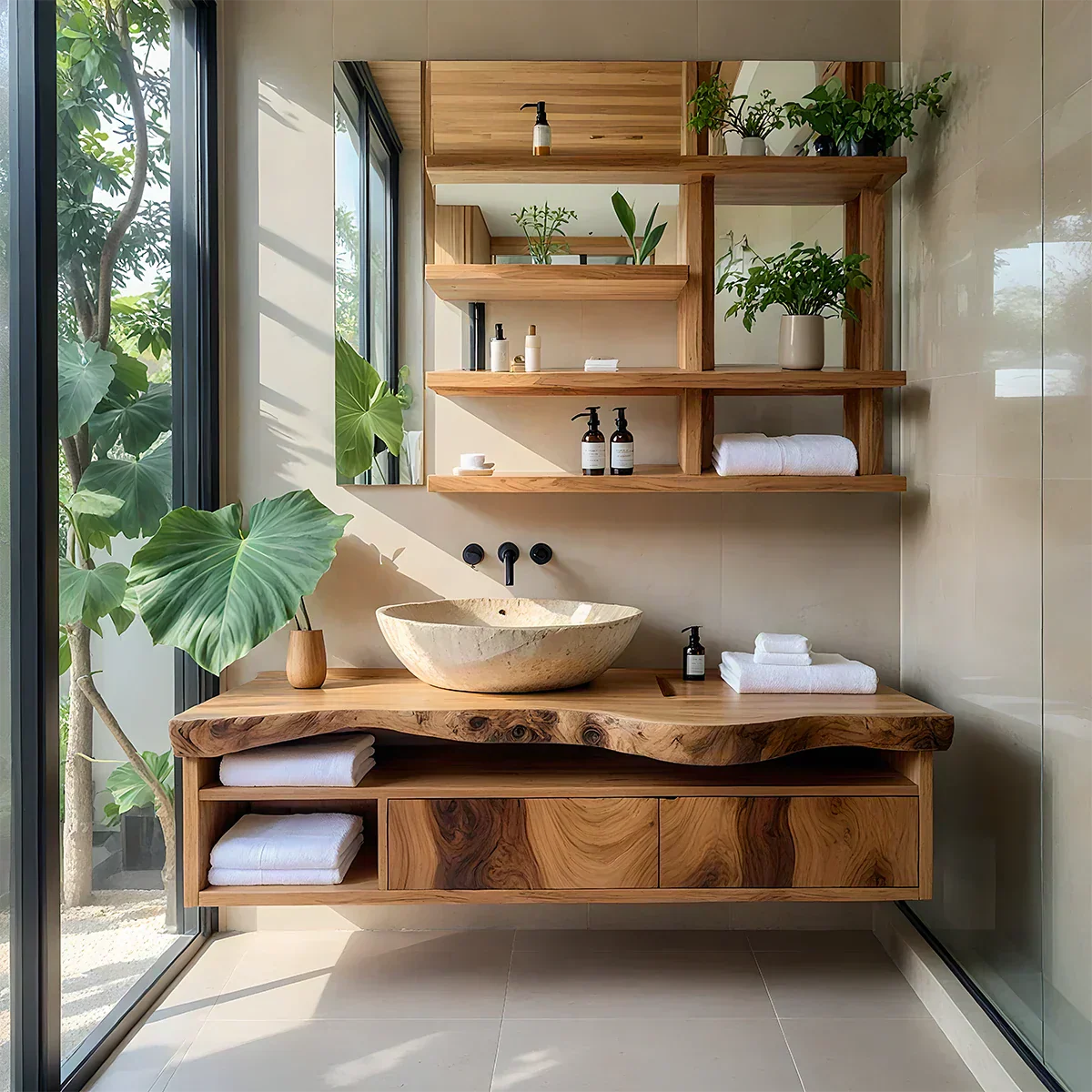 Live Edge Floating Wood Vanity with Shelves – Japandi Spa Sink Console - Rustiracraft
