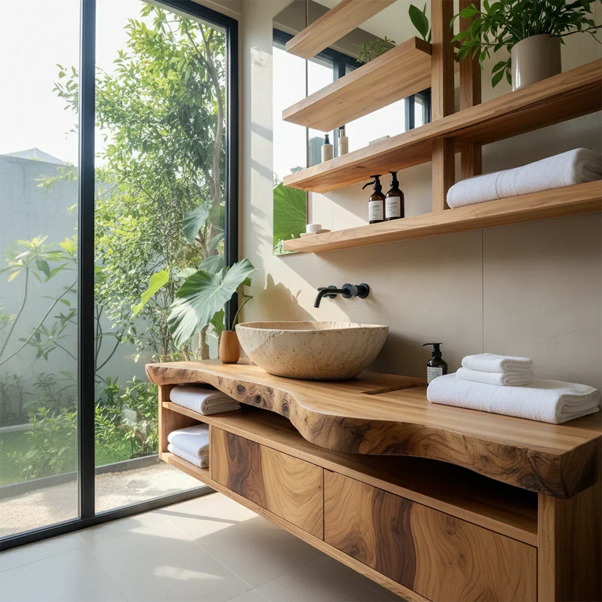 Live Edge Floating Wood Vanity with Shelves – Japandi Spa Sink Console - Rustiracraft