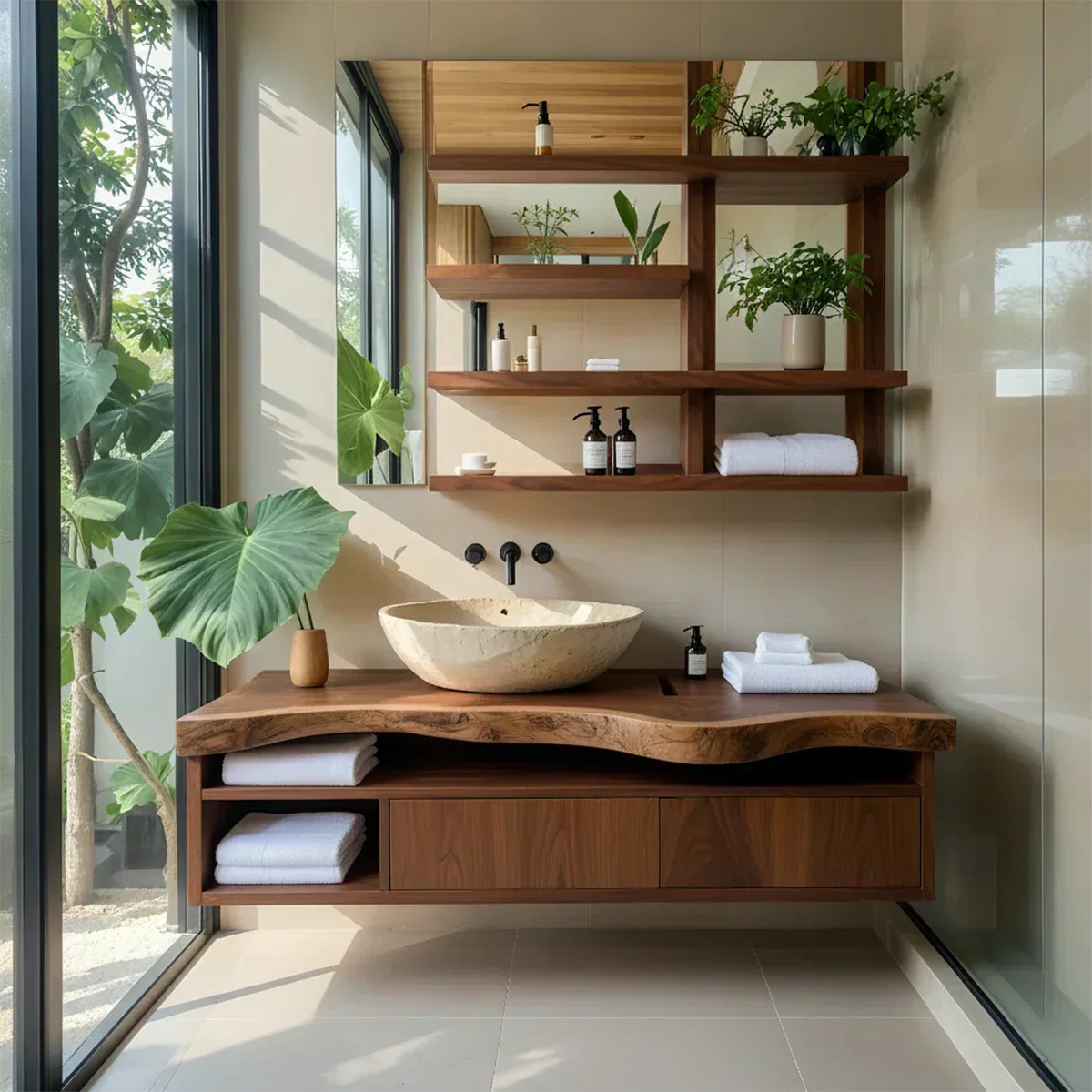 Live Edge Floating Wood Vanity with Shelves – Japandi Spa Sink Console - Rustiracraft