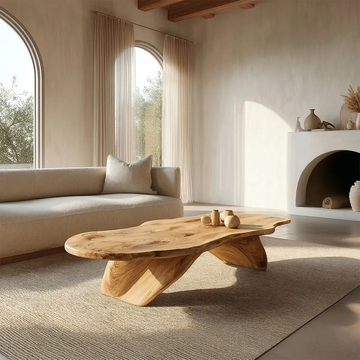 Live Edge Natural Solid Wood Coffee Table with Organic Sculptural Base - Rustiracraft
