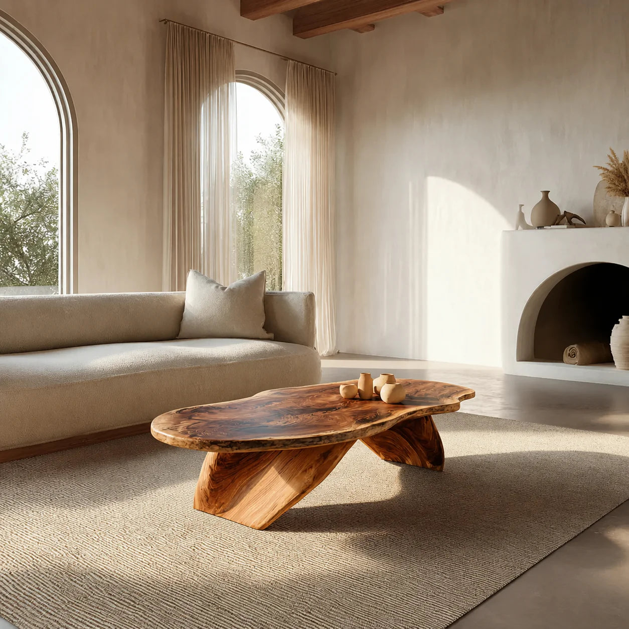 Live Edge Natural Solid Wood Coffee Table with Organic Sculptural Base - Rustiracraft