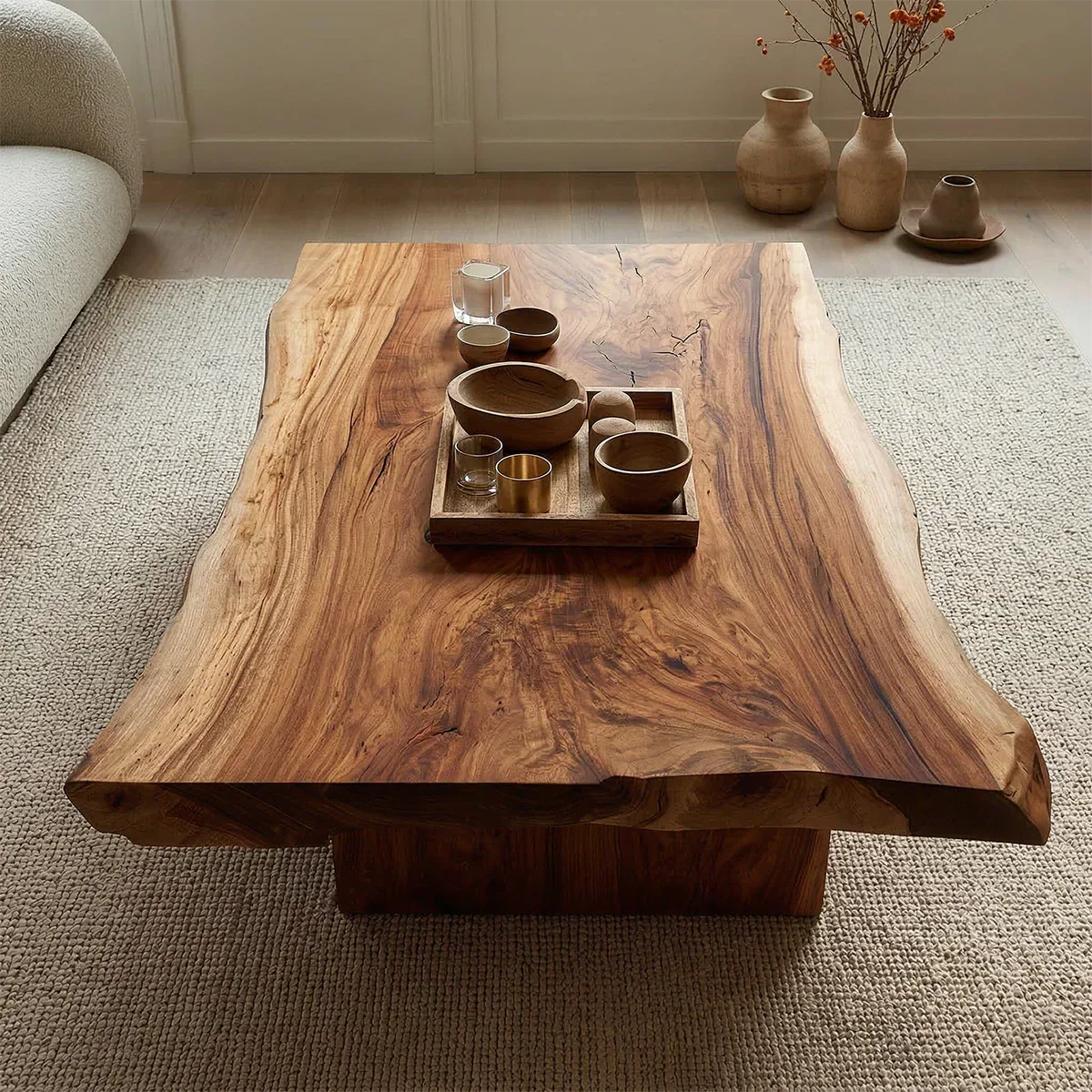 Live Edge Natural Solid Wood Coffee Table with Sculptural Block Base - Rustiracraft