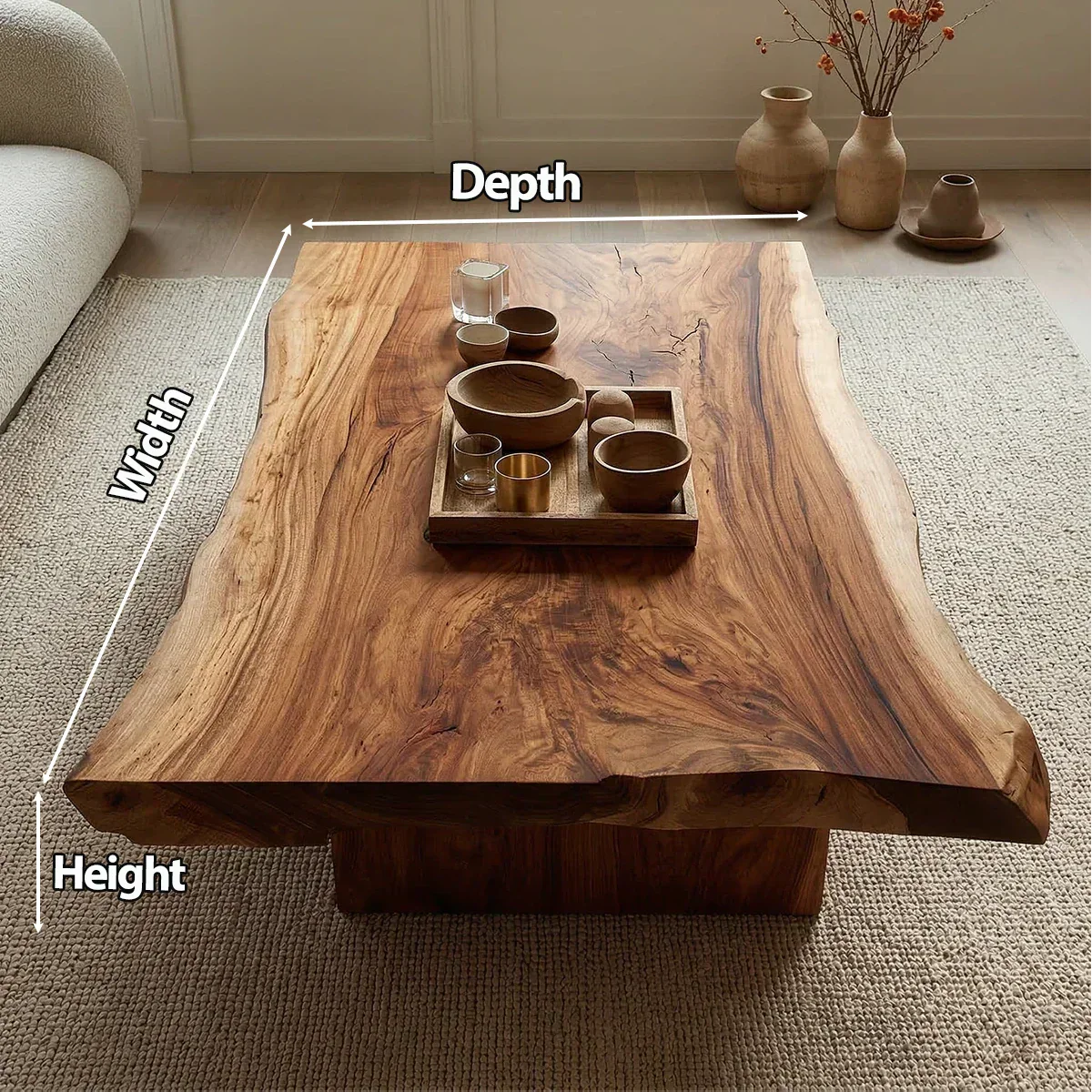Live Edge Natural Solid Wood Coffee Table with Sculptural Block Base - Rustiracraft