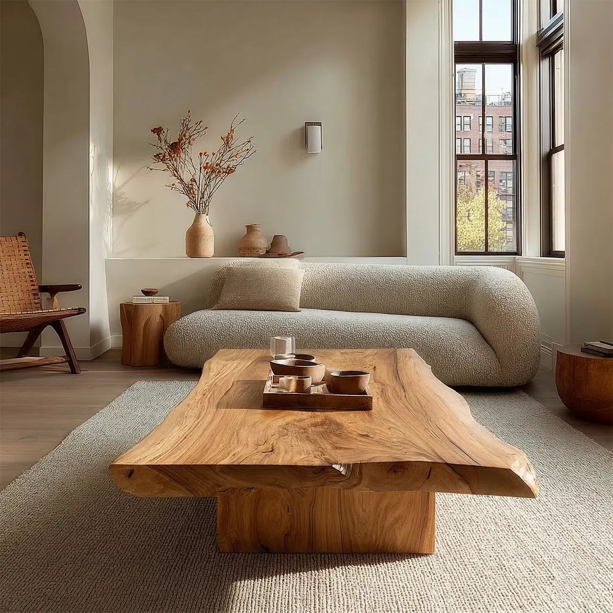 Live Edge Natural Solid Wood Coffee Table with Sculptural Block Base - Rustiracraft