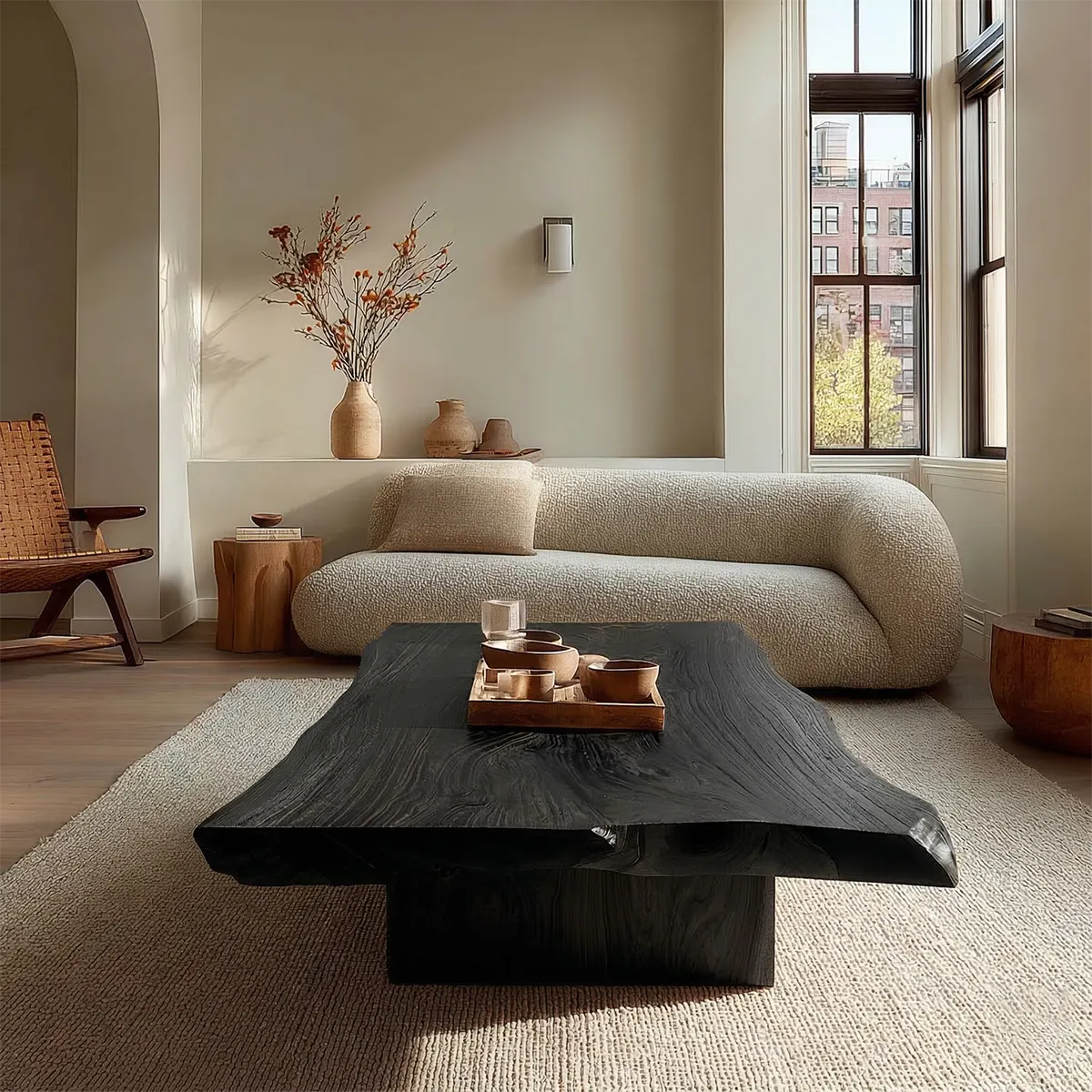 Live Edge Natural Solid Wood Coffee Table with Sculptural Block Base - Rustiracraft