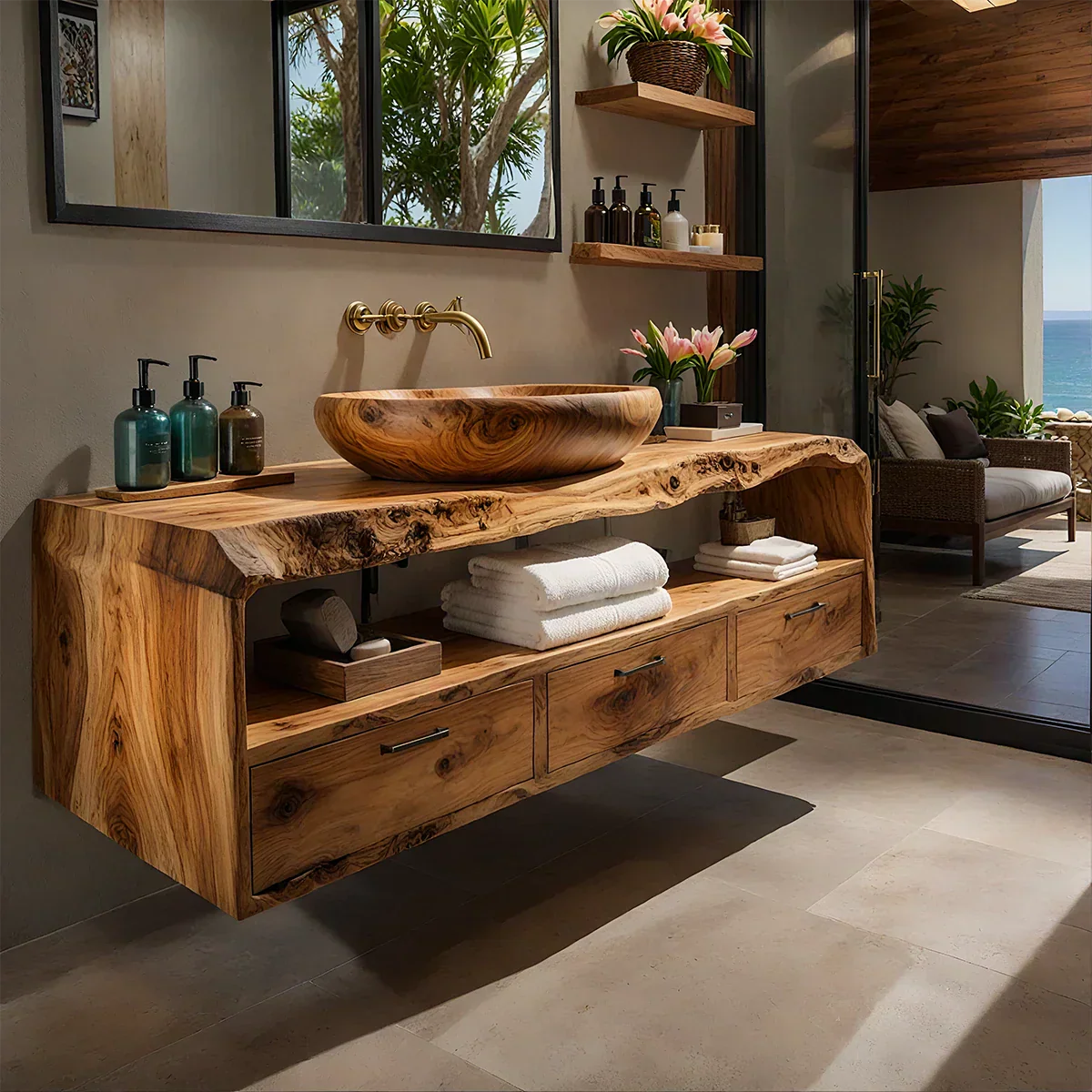Live Edge Natural Solid Wood Floating Bathroom Vanity - Rustiracraft