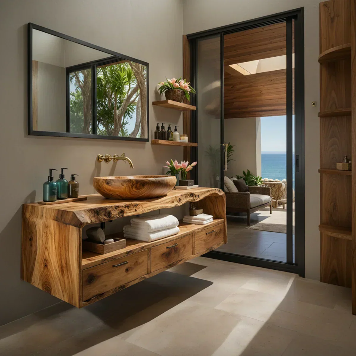Live Edge Natural Solid Wood Floating Bathroom Vanity - Rustiracraft