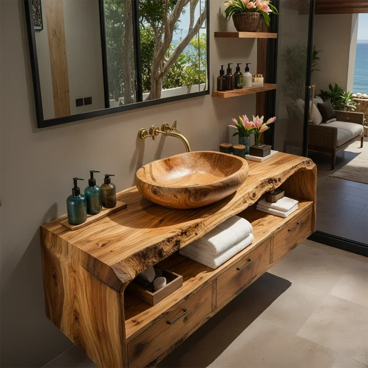 Live Edge Natural Solid Wood Floating Bathroom Vanity - Rustiracraft