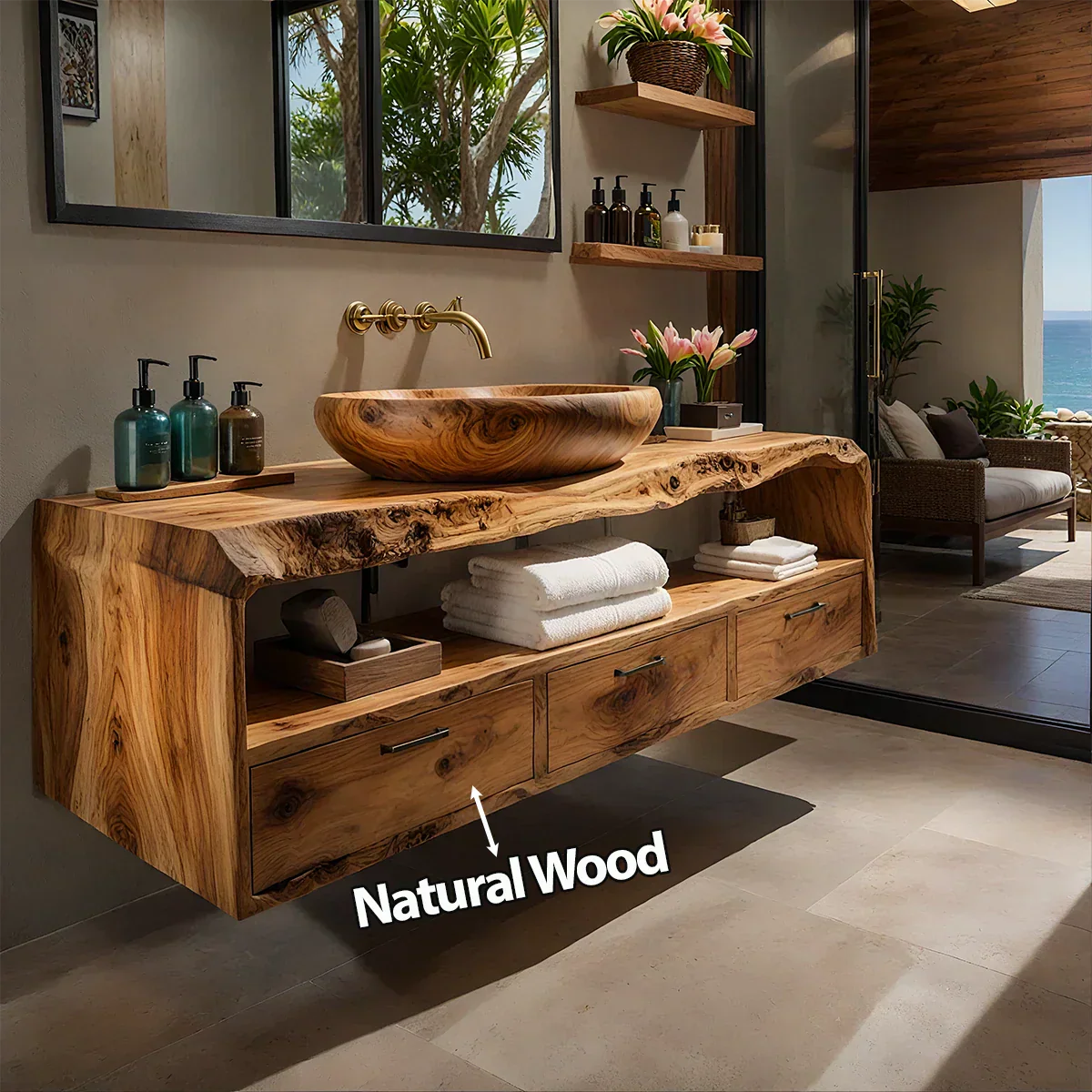 Live Edge Natural Solid Wood Floating Bathroom Vanity - Rustiracraft