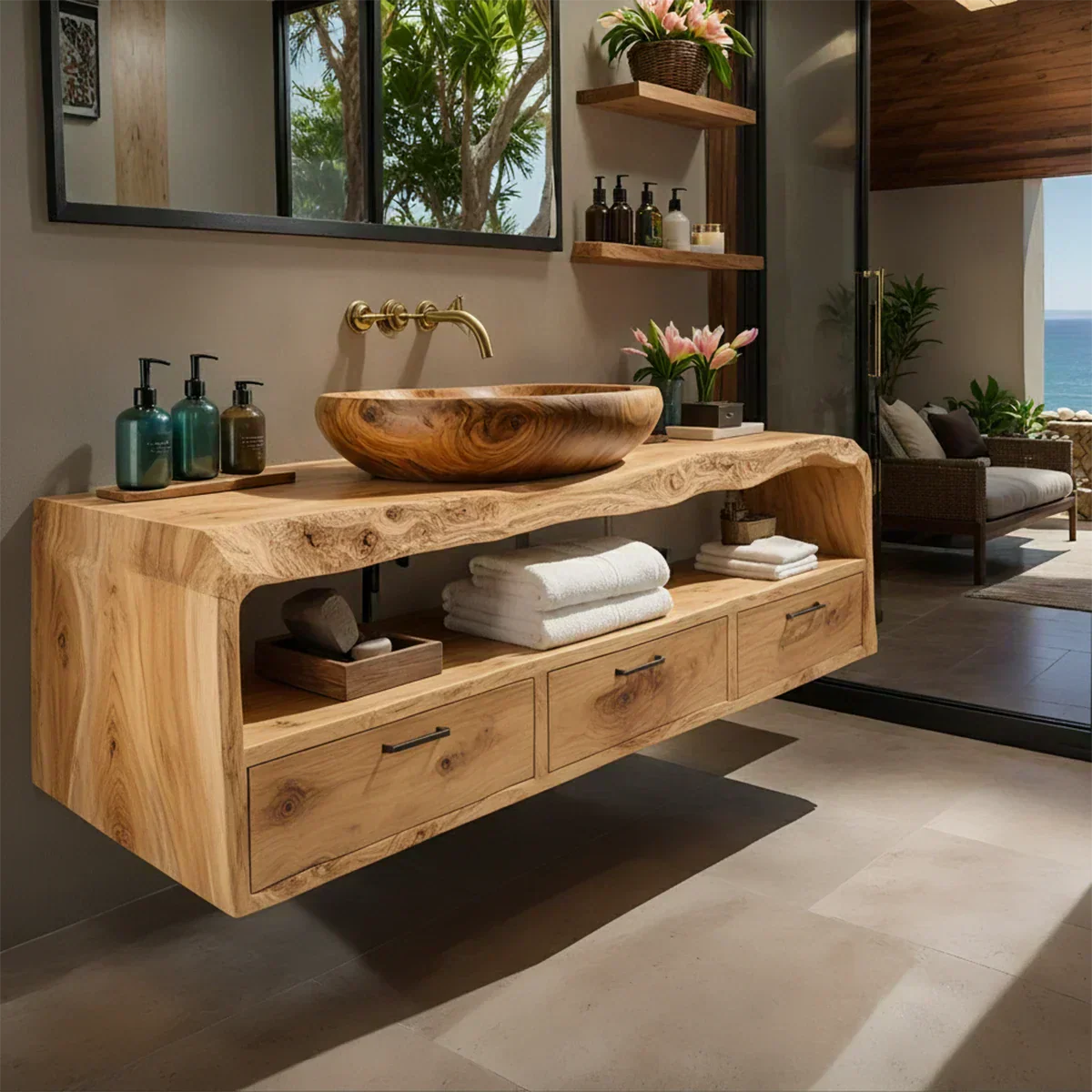 Live Edge Natural Solid Wood Floating Bathroom Vanity - Rustiracraft