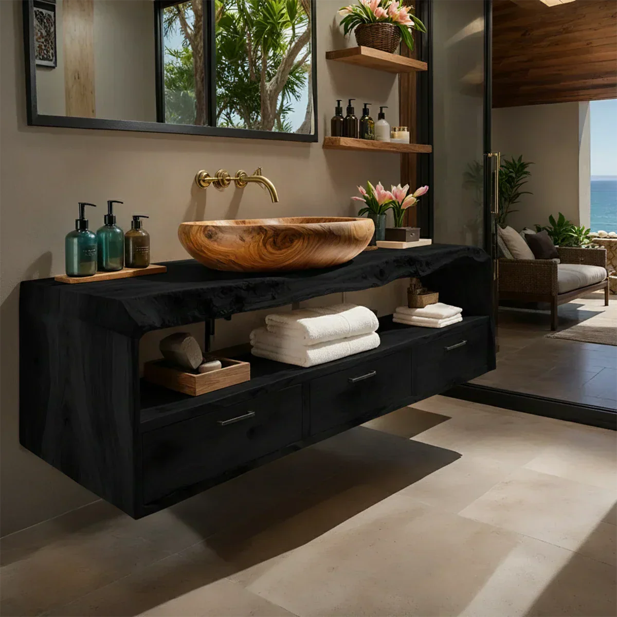 Live Edge Natural Solid Wood Floating Bathroom Vanity - Rustiracraft