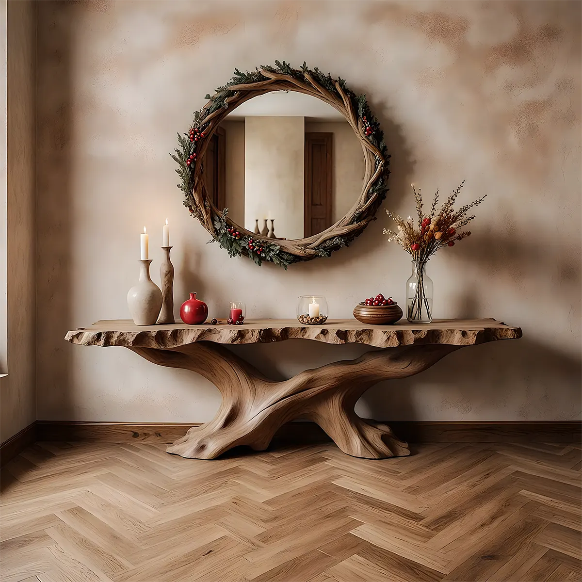 Live Edge Oak Console Table – Root Twist Sculptural Base - Rustiracraft