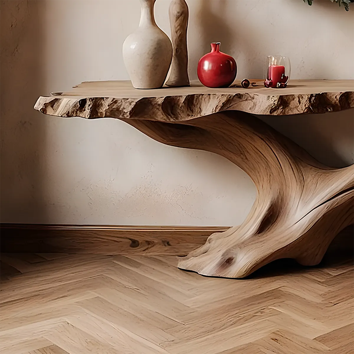Live Edge Oak Console Table – Root Twist Sculptural Base - Rustiracraft