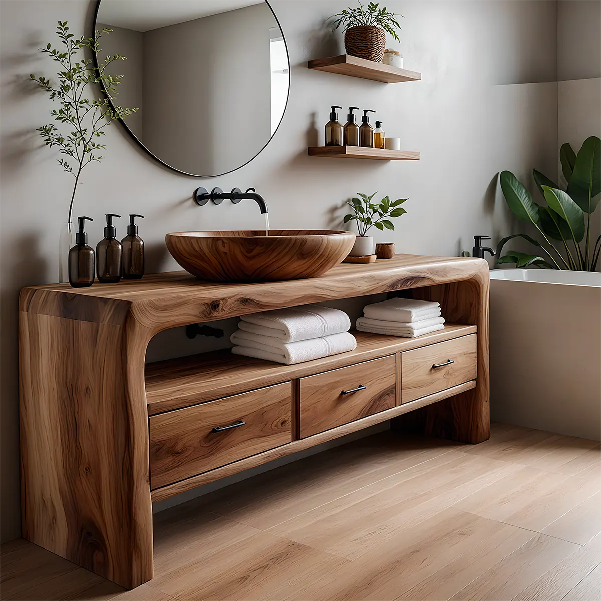 Live Edge Organic Solid Wood Bathroom Vanity With Drawers & Open Shelf - Rustiracraft