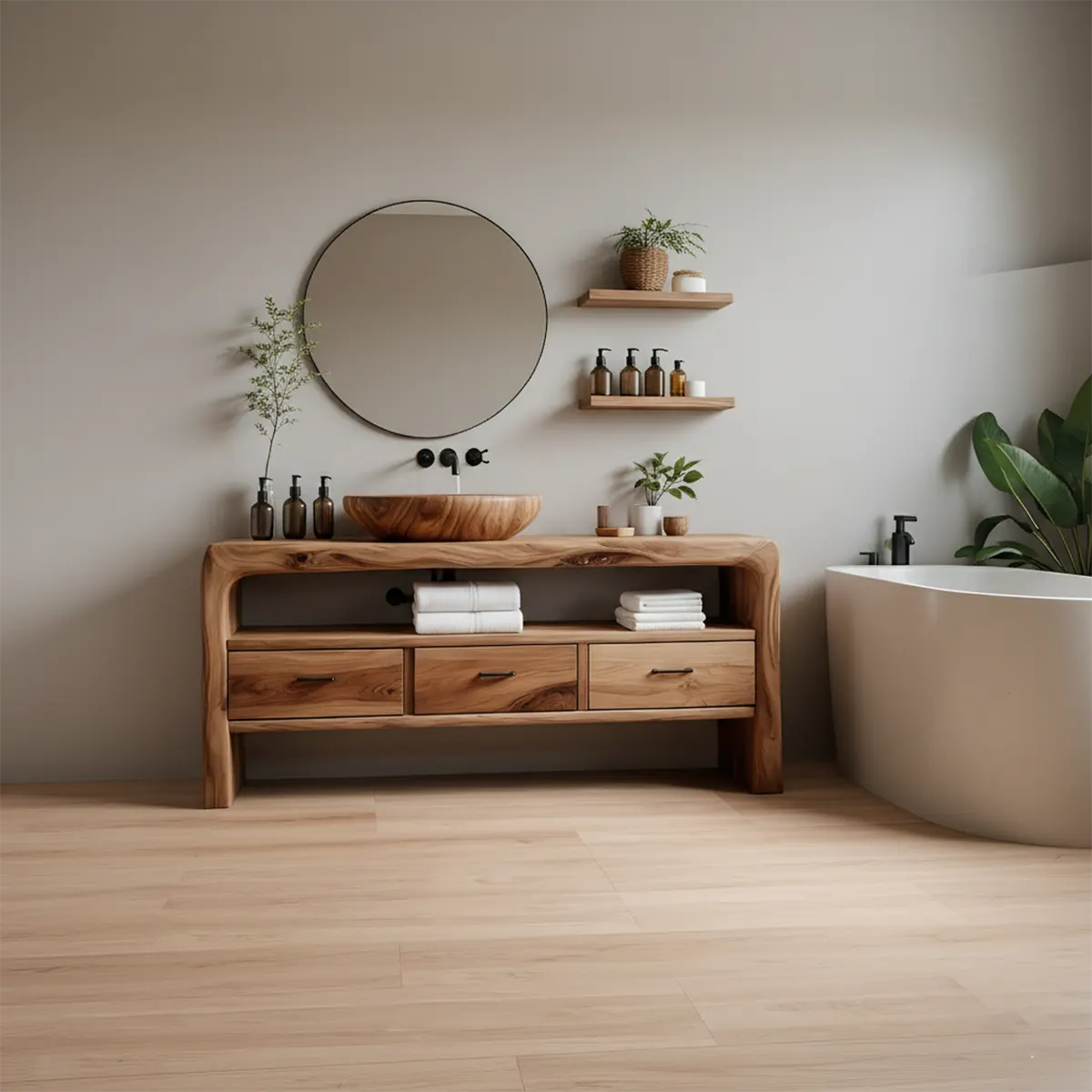 Live Edge Organic Solid Wood Bathroom Vanity With Drawers & Open Shelf - Rustiracraft