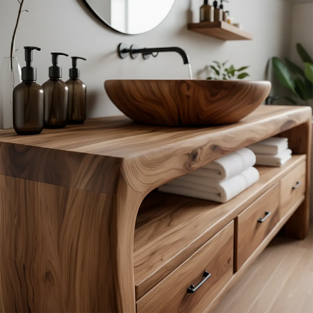 Live Edge Organic Solid Wood Bathroom Vanity With Drawers & Open Shelf - Rustiracraft