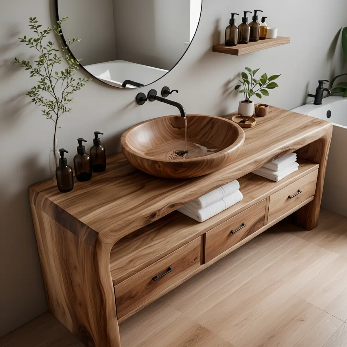 Live Edge Organic Solid Wood Bathroom Vanity With Drawers & Open Shelf - Rustiracraft