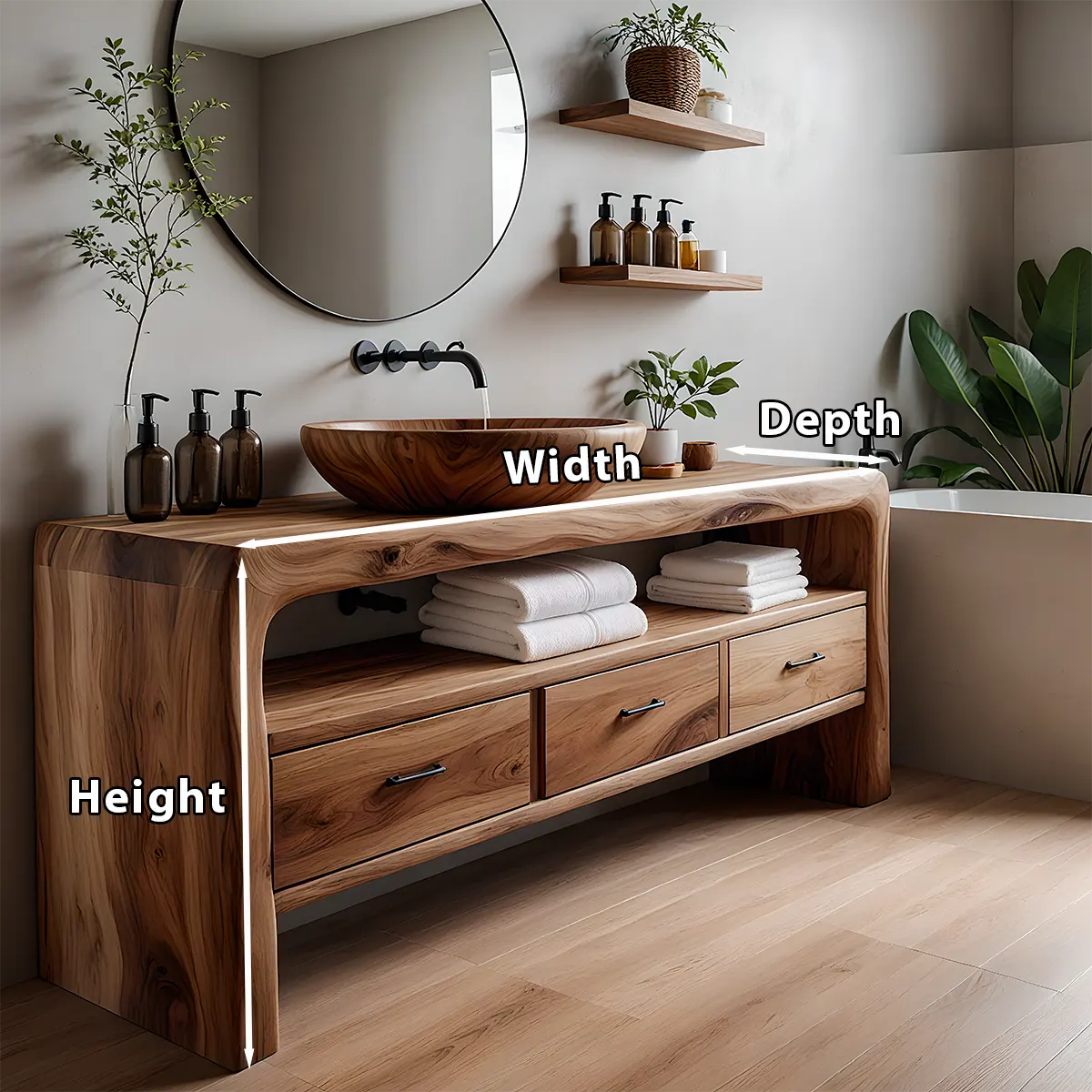 Live Edge Organic Solid Wood Bathroom Vanity With Drawers & Open Shelf - Rustiracraft