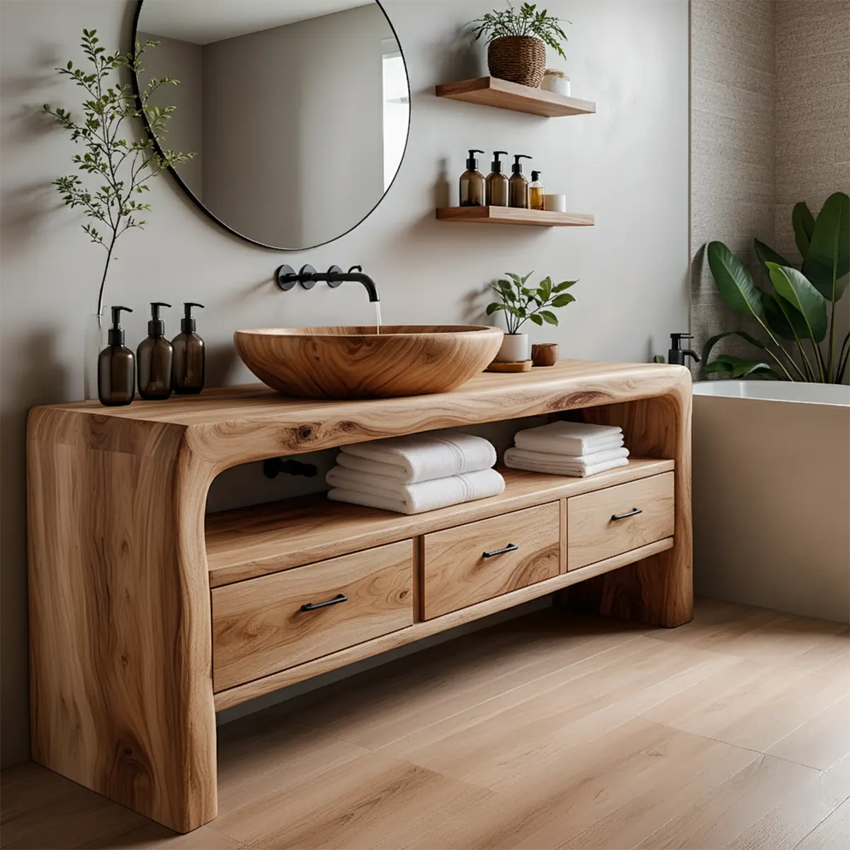 Live Edge Organic Solid Wood Bathroom Vanity With Drawers & Open Shelf - Rustiracraft