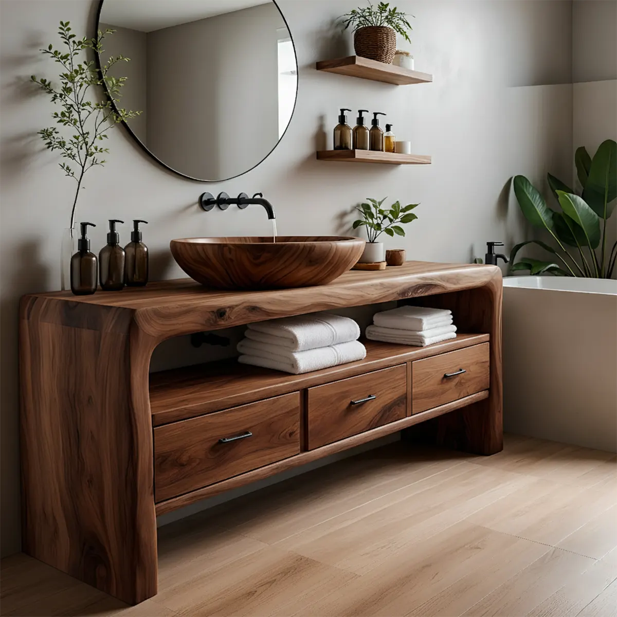Live Edge Organic Solid Wood Bathroom Vanity With Drawers & Open Shelf - Rustiracraft