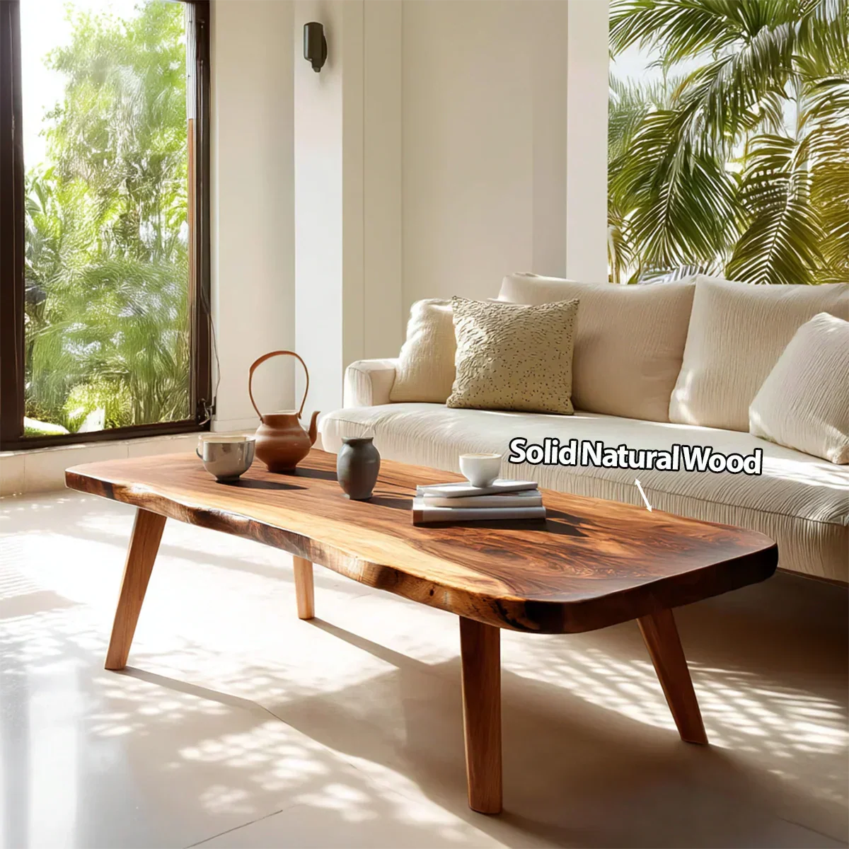 Live Edge Slab Coffee Table with Angled Legs in Natural Solid Wood - Rustiracraft
