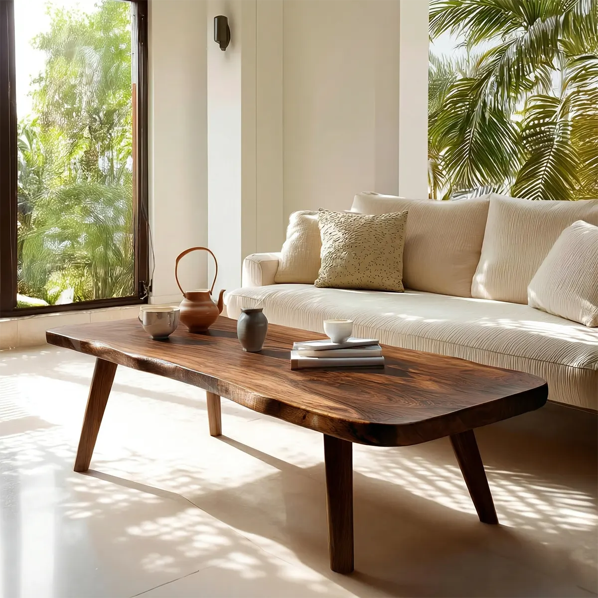 Live Edge Slab Coffee Table with Angled Legs in Natural Solid Wood - Rustiracraft