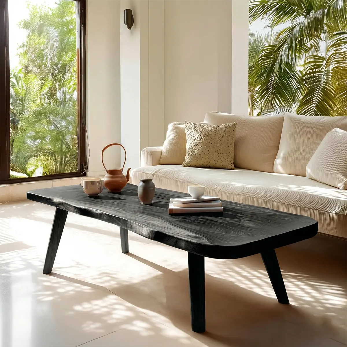 Live Edge Slab Coffee Table with Angled Legs in Natural Solid Wood - Rustiracraft