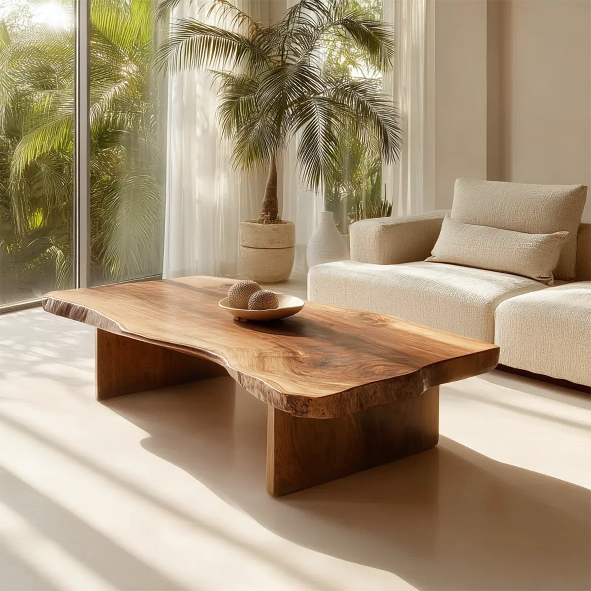 Live Edge Slab Coffee Table with Double Block Base in Natural Solid Wood - Rustiracraft