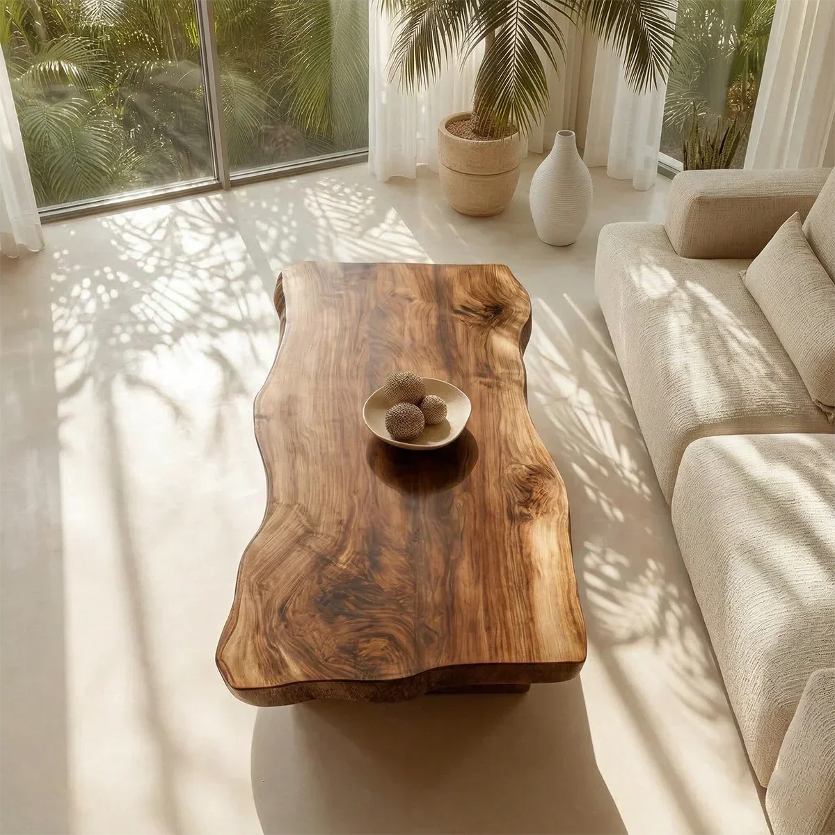 Live Edge Slab Coffee Table with Double Block Base in Natural Solid Wood - Rustiracraft