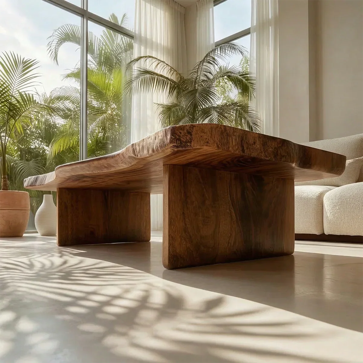 Live Edge Slab Coffee Table with Double Block Base in Natural Solid Wood - Rustiracraft