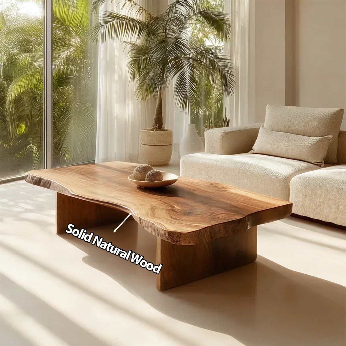 Live Edge Slab Coffee Table with Double Block Base in Natural Solid Wood - Rustiracraft