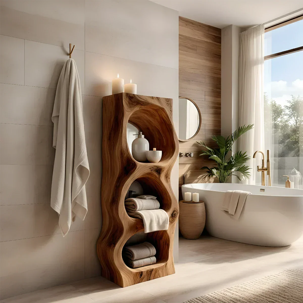 Live Edge Solid Wood Bathroom Storage Tower – Rustic Carved Design - Rustiracraft