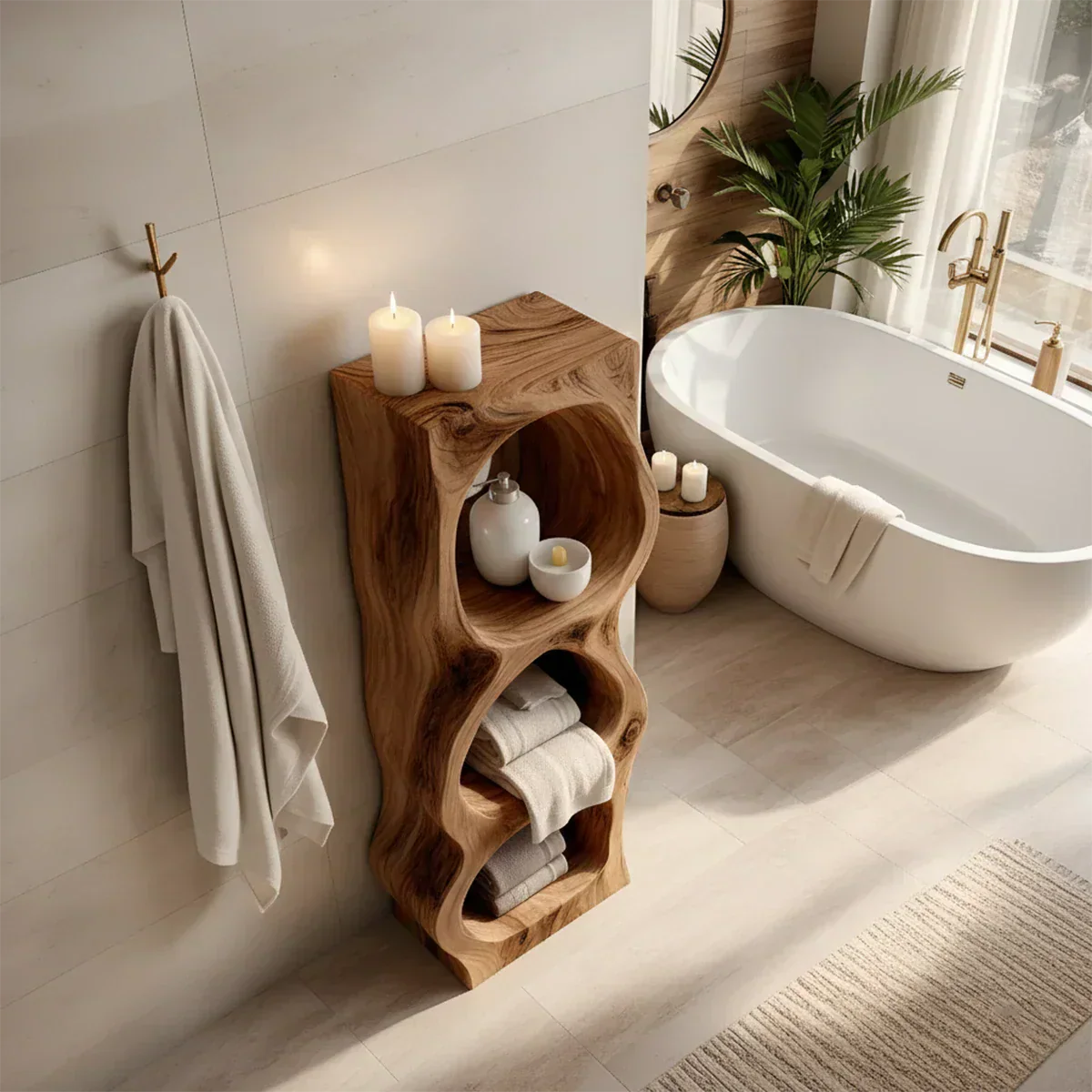 Live Edge Solid Wood Bathroom Storage Tower – Rustic Carved Design - Rustiracraft