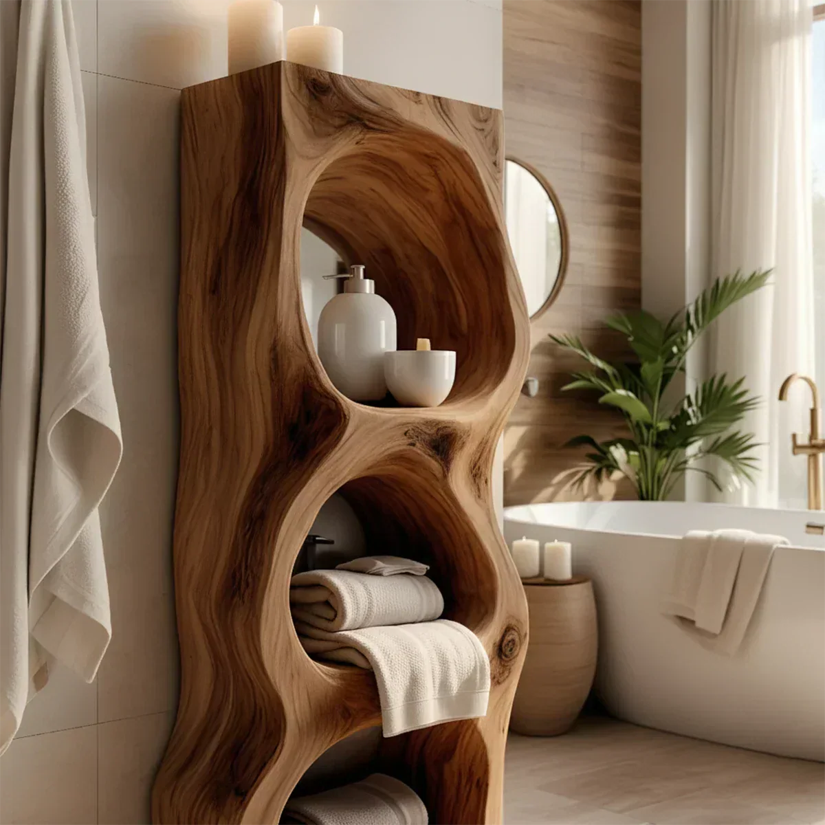 Live Edge Solid Wood Bathroom Storage Tower – Rustic Carved Design - Rustiracraft