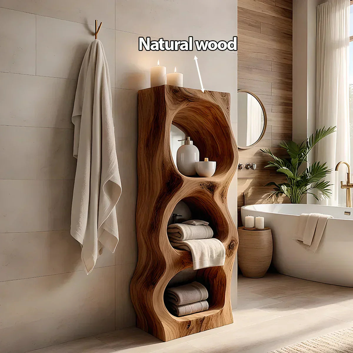 Live Edge Solid Wood Bathroom Storage Tower – Rustic Carved Design - Rustiracraft