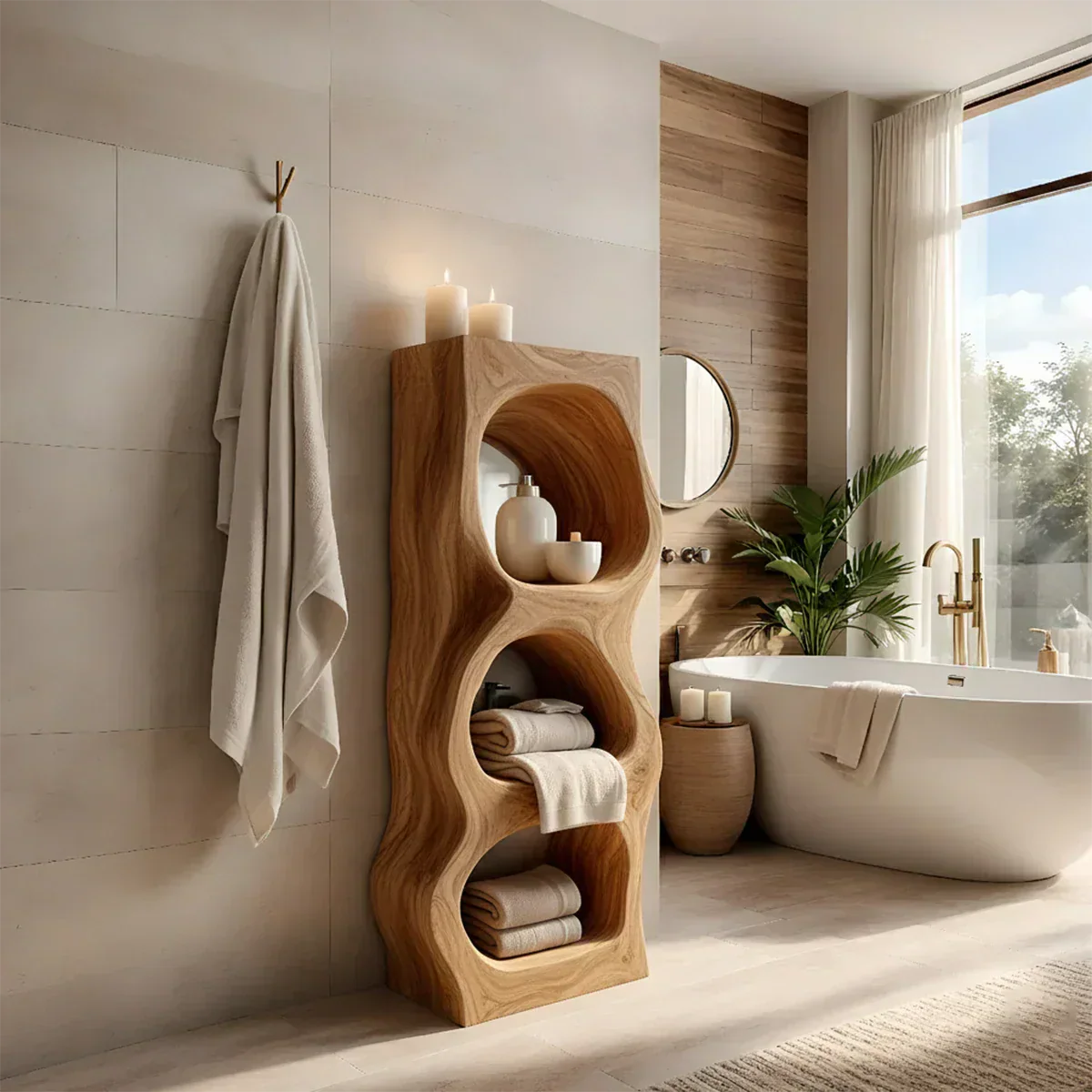 Live Edge Solid Wood Bathroom Storage Tower – Rustic Carved Design - Rustiracraft