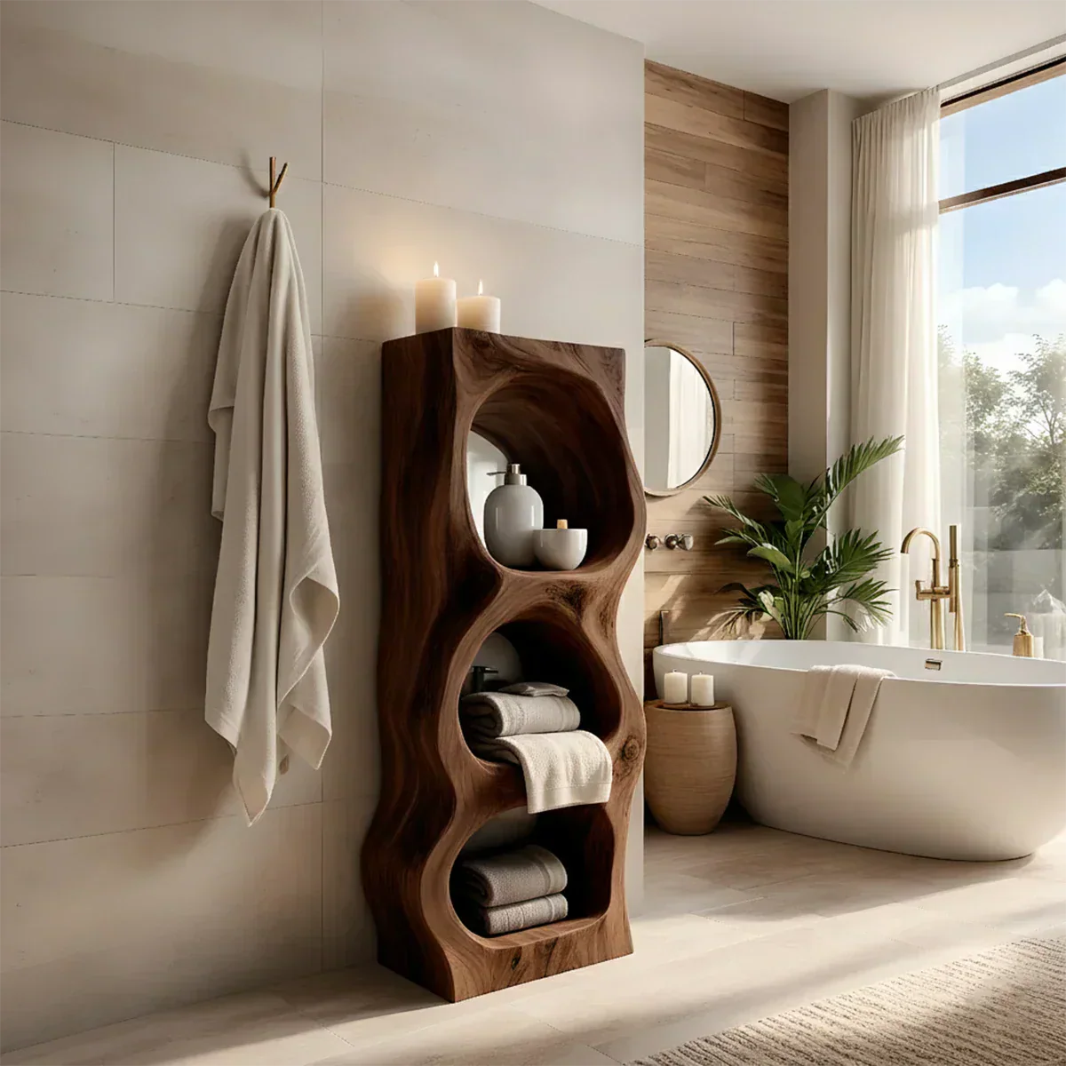Live Edge Solid Wood Bathroom Storage Tower – Rustic Carved Design - Rustiracraft