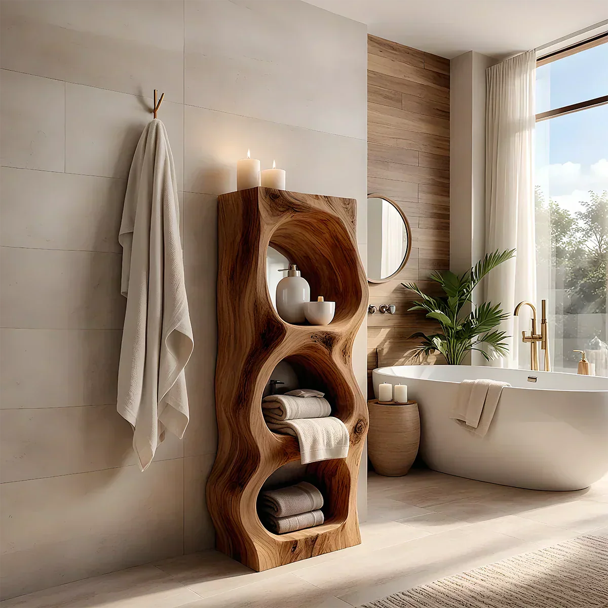 Live Edge Solid Wood Bathroom Storage Tower – Rustic Carved Design - Rustiracraft