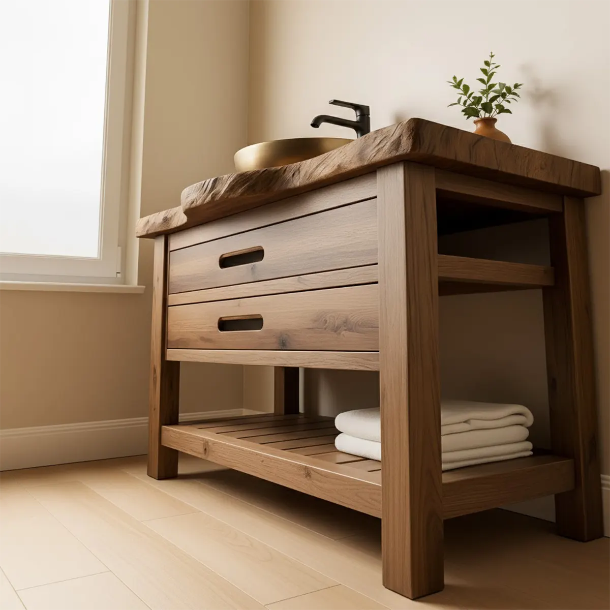 Live Edge Solid Wood Bathroom Vanity With Drawers & Open Shelf - Rustiracraft