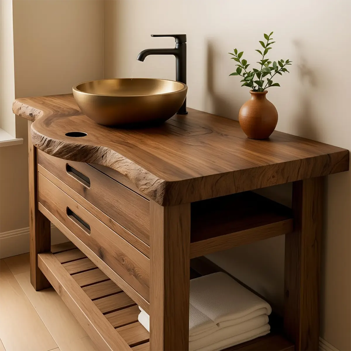 Live Edge Solid Wood Bathroom Vanity With Drawers & Open Shelf - Rustiracraft
